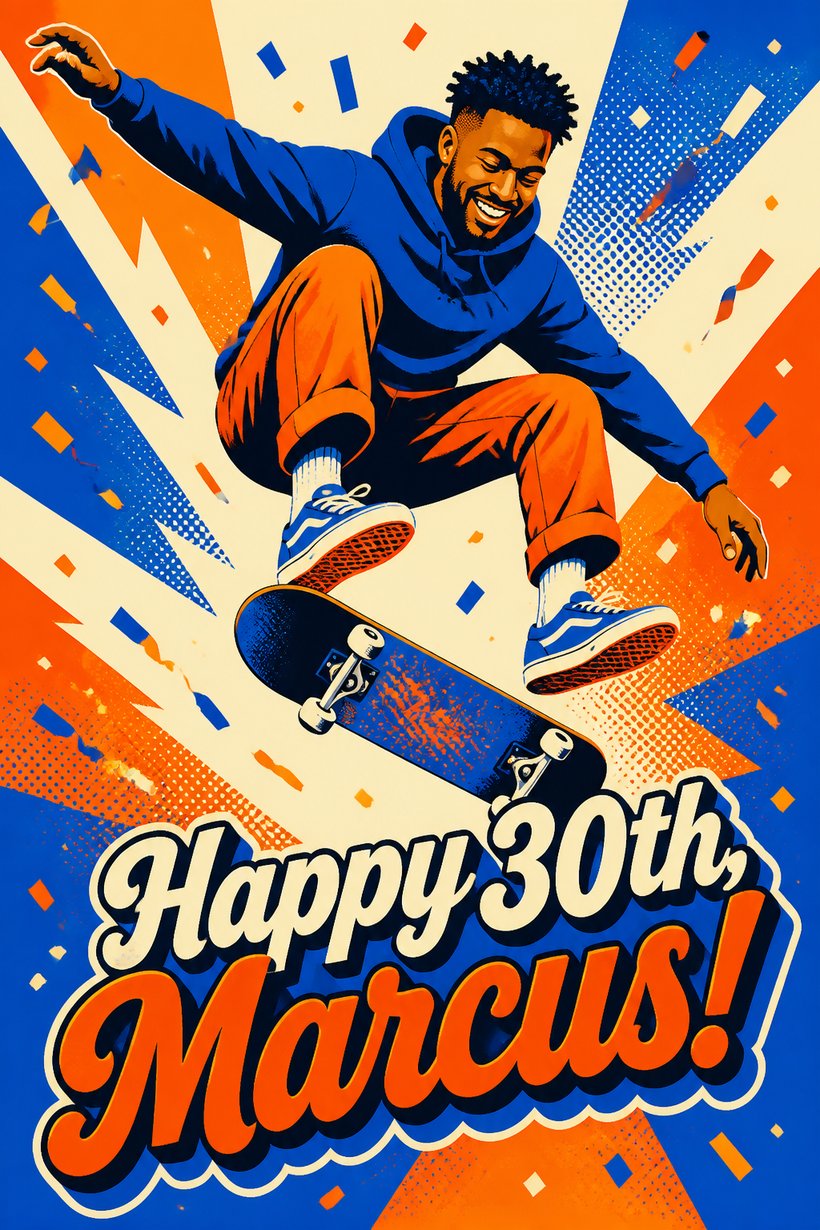 Pop art AI birthday card of a man mid kickflip on a skateboard in orange and blue, under the words Happy 30th, Marcus!
