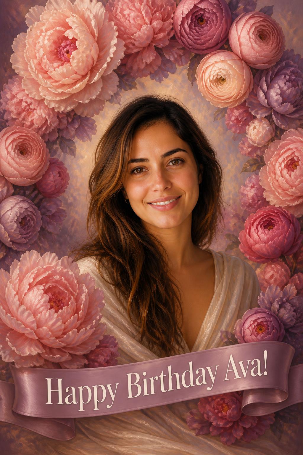 Birthday card made from a photo of a smiling woman with long brown hair, her portrait framed by an arch of pink peonies and ranunculus, under the words Happy Birthday Ava