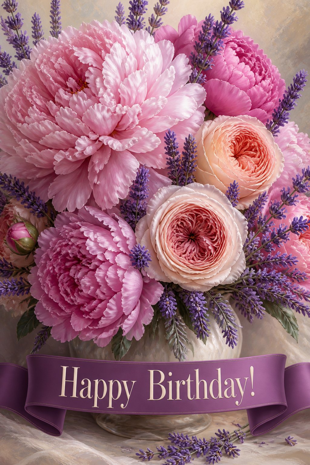 Beautiful AI birthday card, a fine-art bouquet of pink peonies, garden roses and lavender in a vase with a purple ribbon reading Happy Birthday