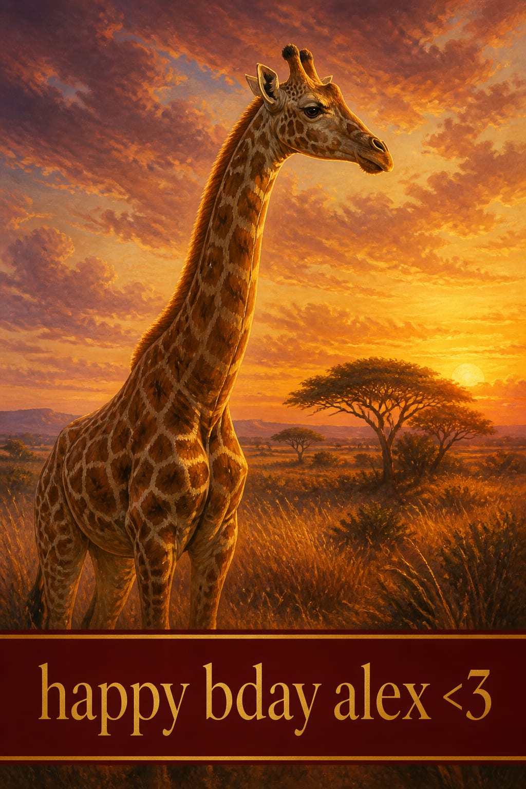 AI birthday card of a giraffe on a golden savanna at sunset with acacia trees, above a deep red banner reading happy bday alex <3