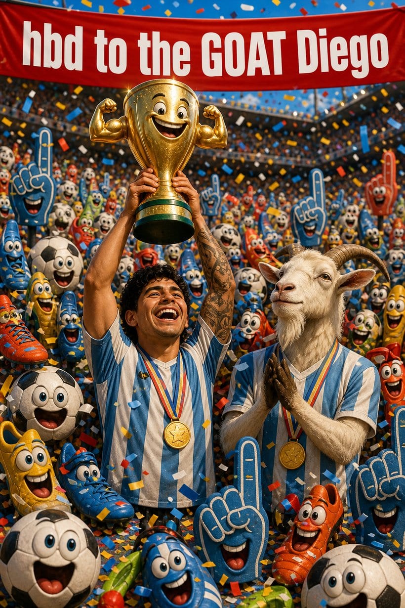 Funny birthday card of a soccer player with a flexing trophy and a real goat in a matching jersey, reading hbd to the GOAT Diego