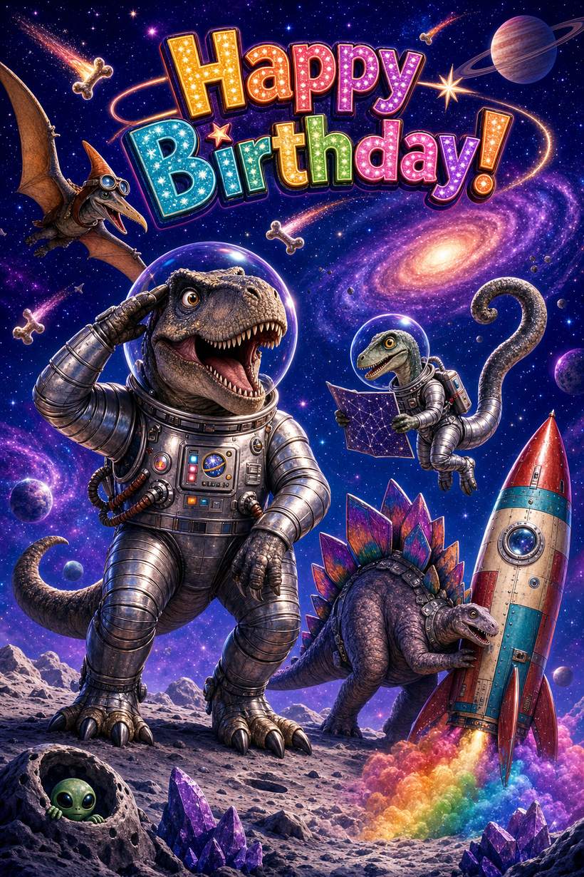 Kids birthday card of a T. rex in a silver astronaut suit saluting on a purple moon, a raptor reading a star map and a stegosaurus beside a rocket with rainbow exhaust, under the words Happy Birthday