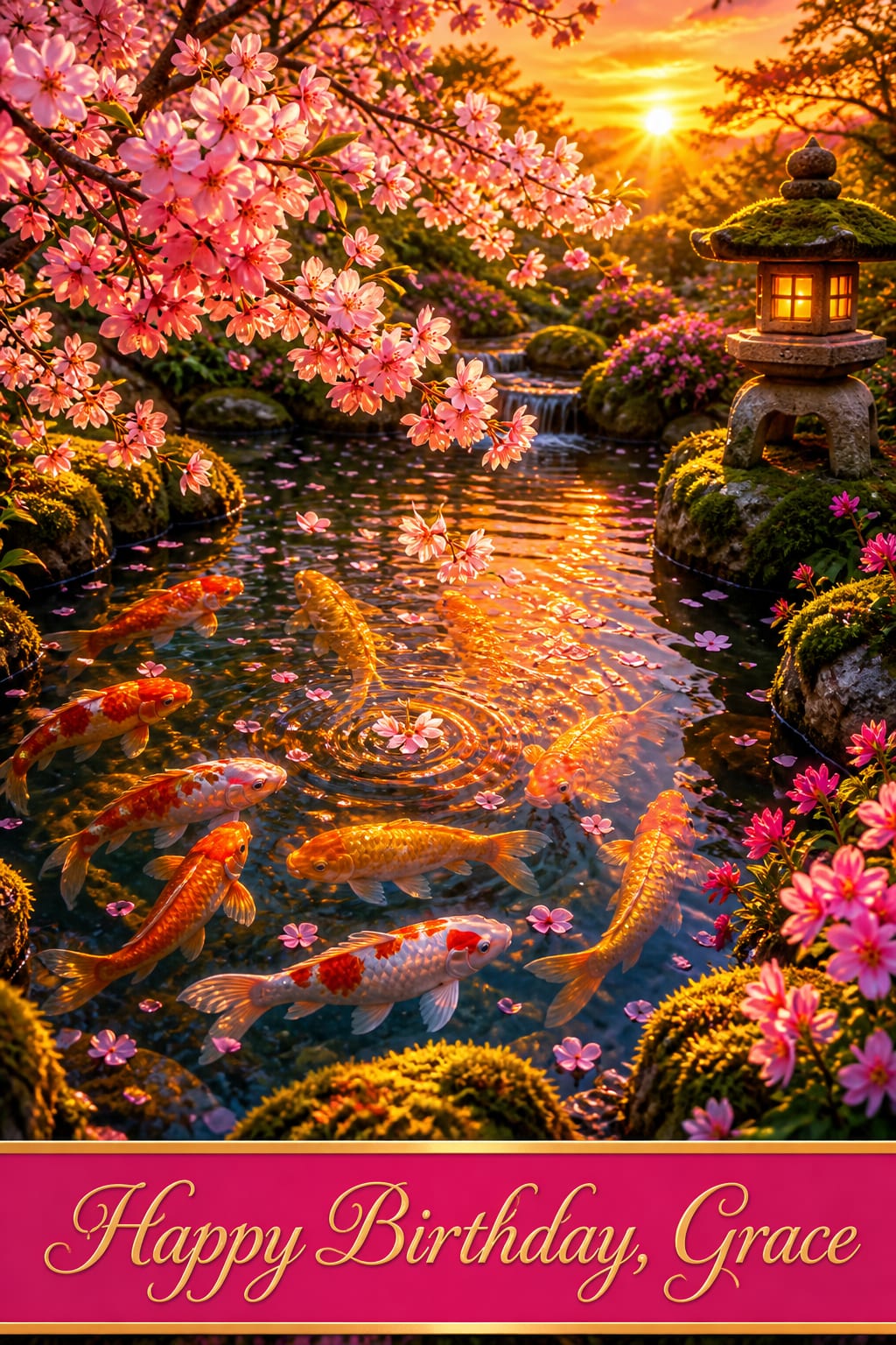 Beautiful AI birthday card of koi circling a pond under cherry blossoms and a stone lantern at sunset, under the words Happy Birthday, Grace