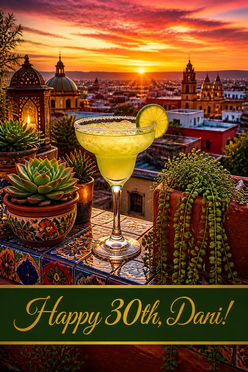 Birthday card of a margarita with a lime wheel on a talavera-tiled rooftop ledge among succulents at sunset, above a green banner reading Happy 30th, Dani!