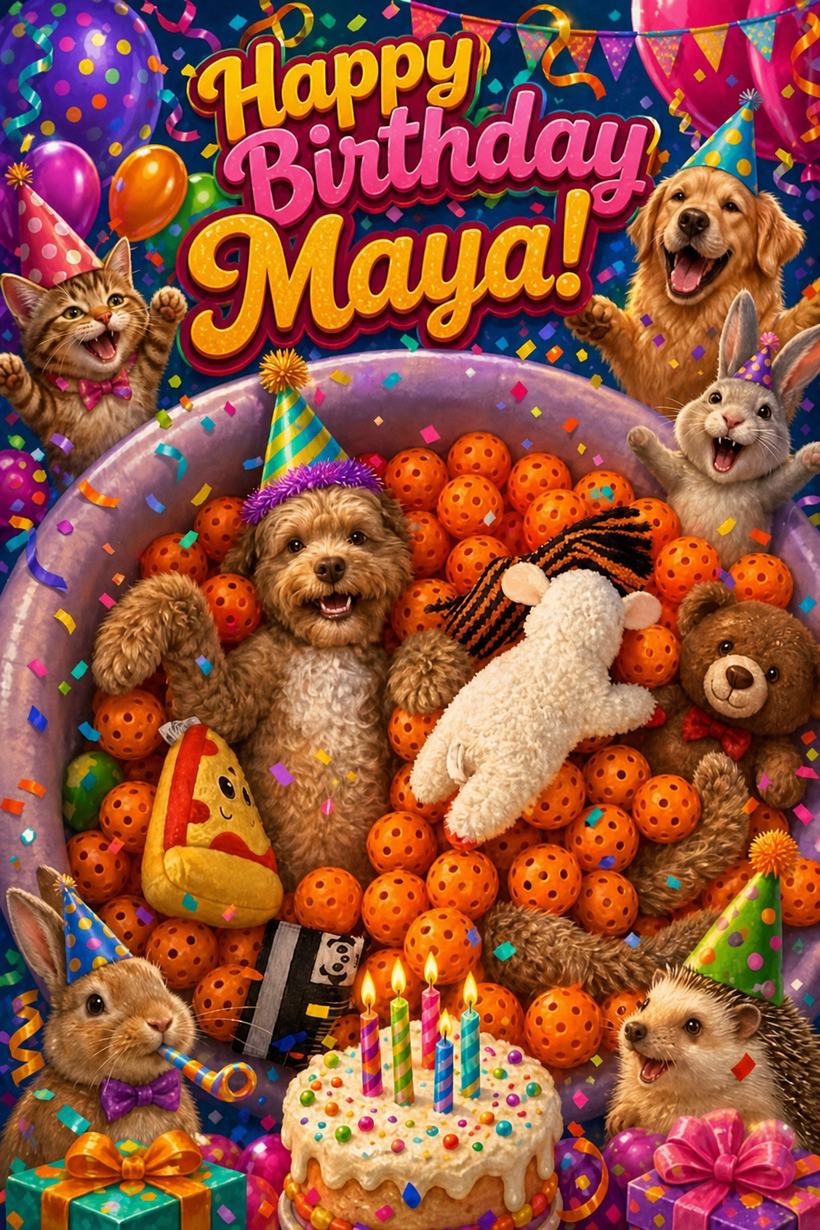 Birthday card of a fluffy brown doodle dog in a party hat lounging in a pit of orange pickleballs, surrounded by a cheering cat, golden retriever, rabbits and a hedgehog in party hats, with a candlelit cake, presents and confetti, under the words Happy Birthday Maya