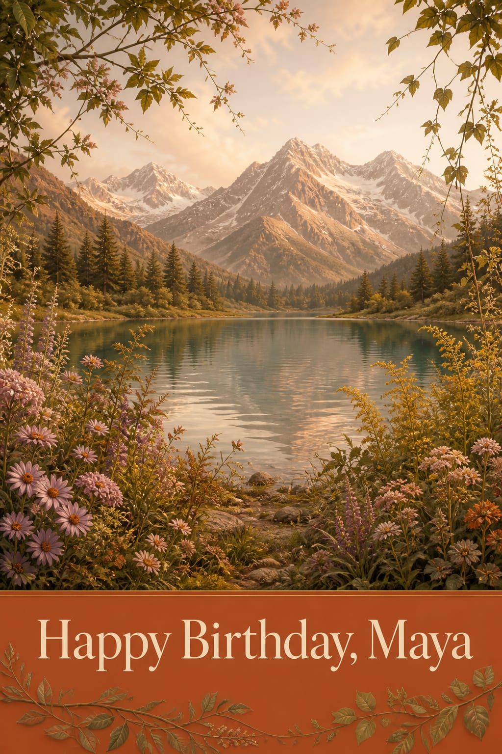Birthday card of a mountain lake at sunrise ringed by snowy peaks and pink and purple wildflowers, reading Happy Birthday, Maya