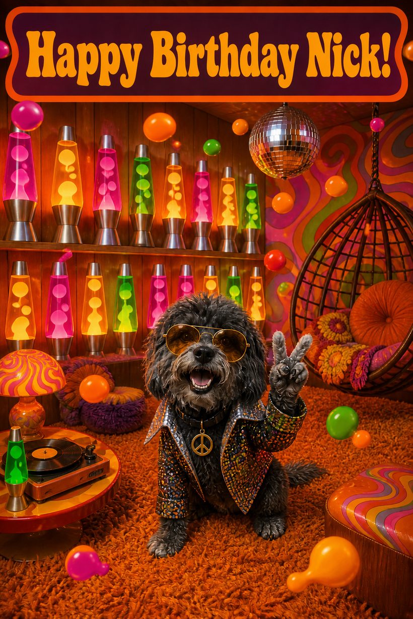 Dog birthday card of a shaggy black dog in gold sunglasses and a sequined jacket under a disco ball, under Happy Birthday Nick