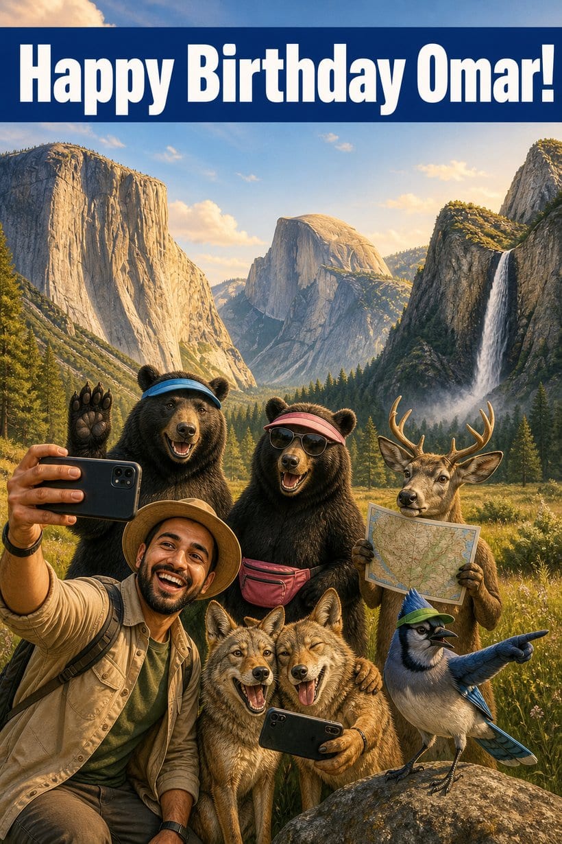 Funny AI birthday card of a man taking a selfie with bears and coyotes in Yosemite Valley, under the words Happy Birthday Omar