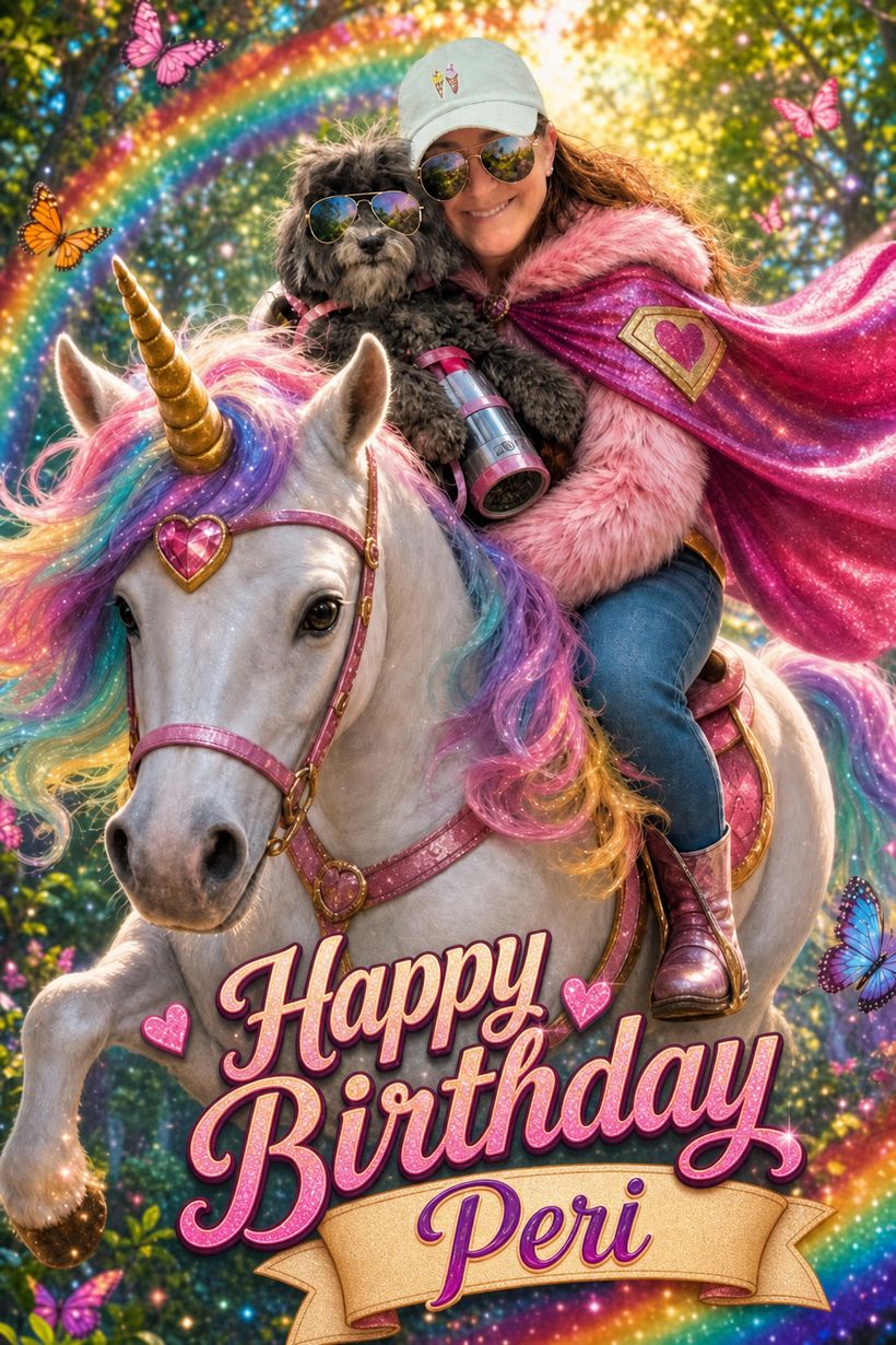 Birthday card of a smiling woman in a sparkly pink cape and sunglasses riding a rainbow-maned unicorn through an enchanted forest, holding a small black dog in sunglasses, with butterflies and a rainbow, under the words Happy Birthday Peri