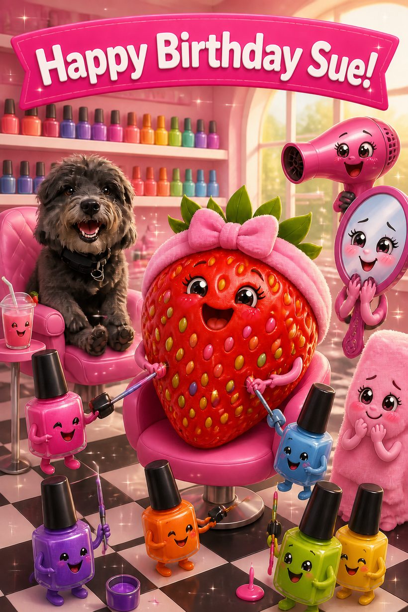 AI birthday card of a fluffy black dog and a smiling strawberry getting pampered in a pink salon full of cheerful nail polish characters, under the words Happy Birthday Sue